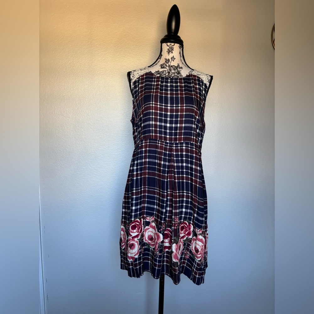 Xhilaration Navy Plaid Midi Dress with Pink Floral Design - Picture 2 of 14